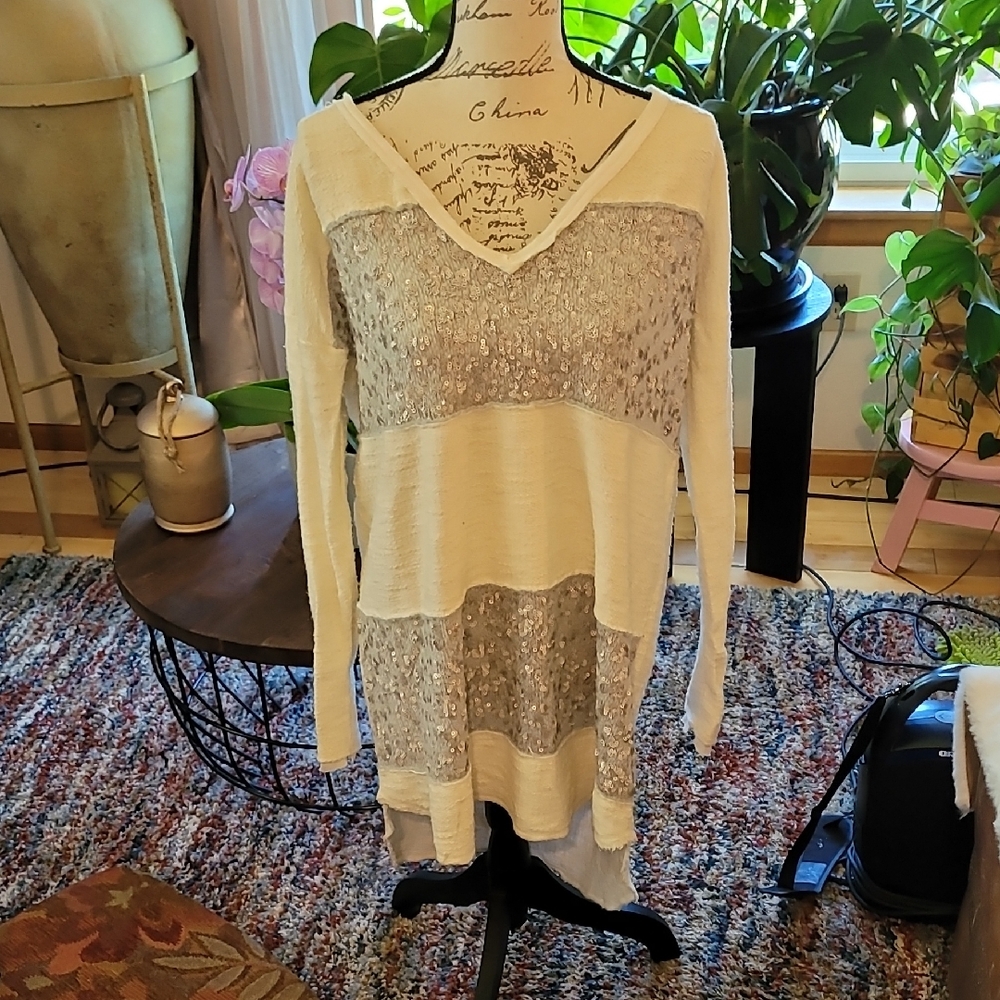 Free People Cream and Gray Sequin Sweater